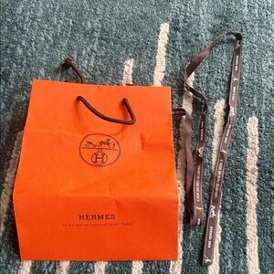Hermes Orange Gift Bag with Brown Rope Handles and Brown Ribbon